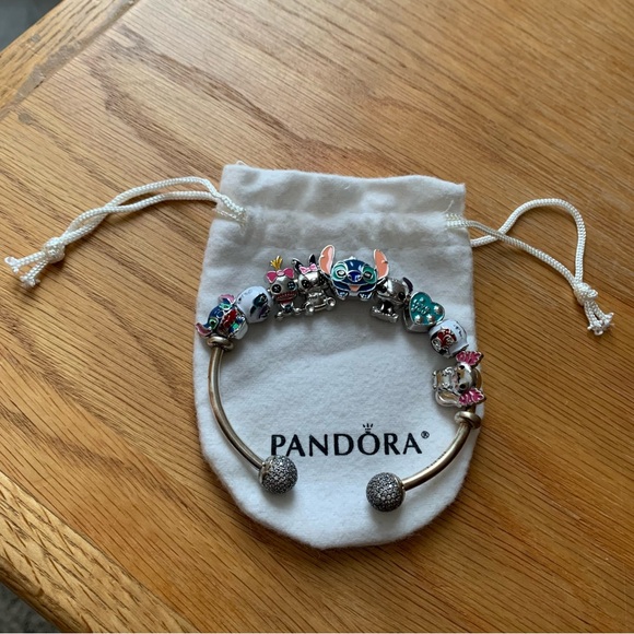 Retired Pandora Charm Carrier Moments Bangle with NEW Disney Lilo Stitch